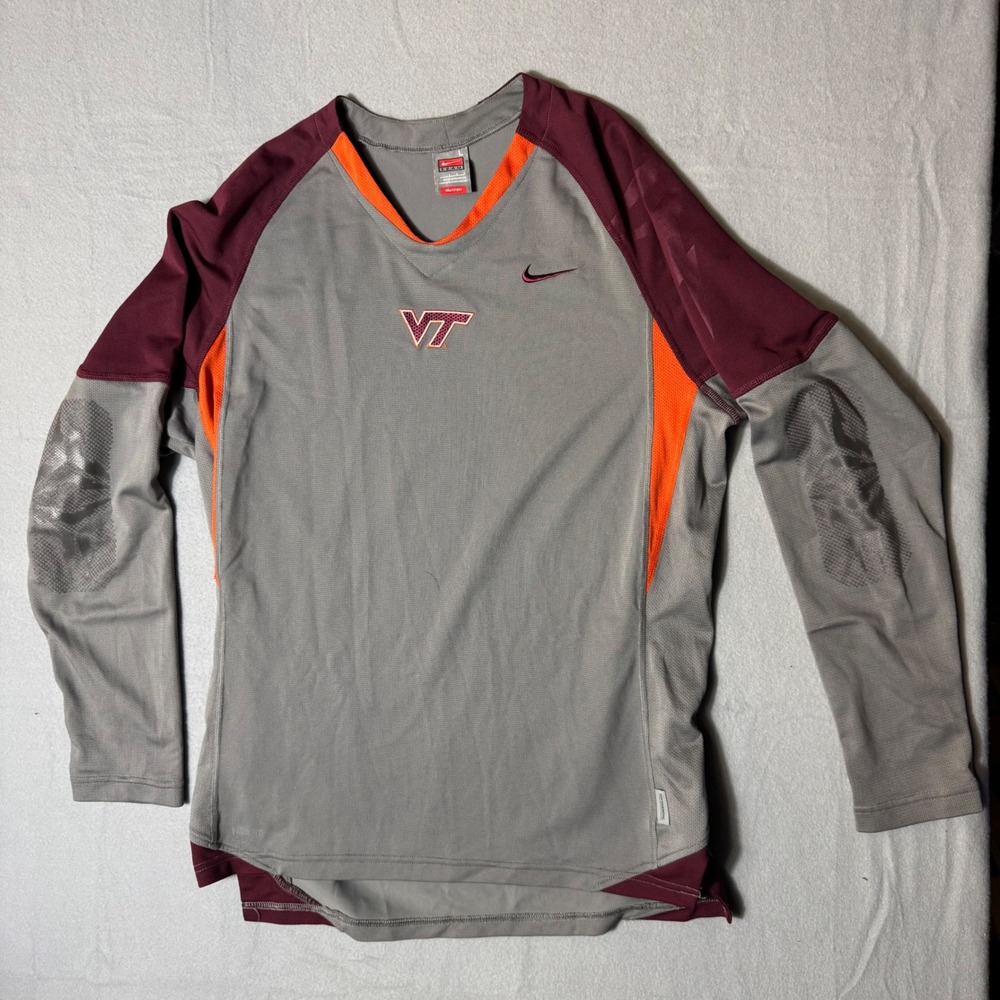 Nike Team Virginia Tech Hokies Grey Maroon Long Sleeve Training Shirt Mens Large